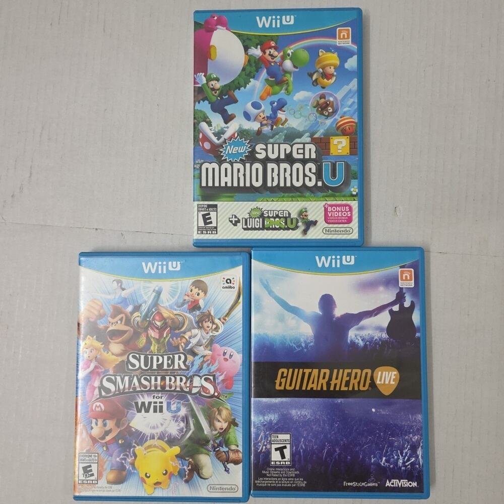 Lot Of 3 Wii U Games Super Smash Bros & Super Mario Bros & Guitar Hero Live